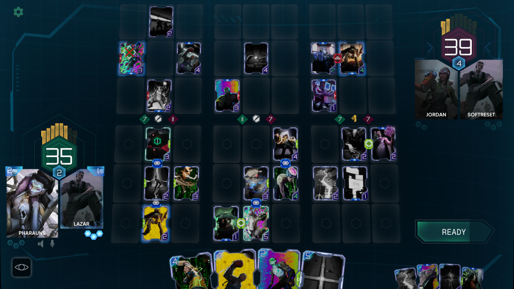 HYVE gameplay showing the card battlefield and two-player teams.