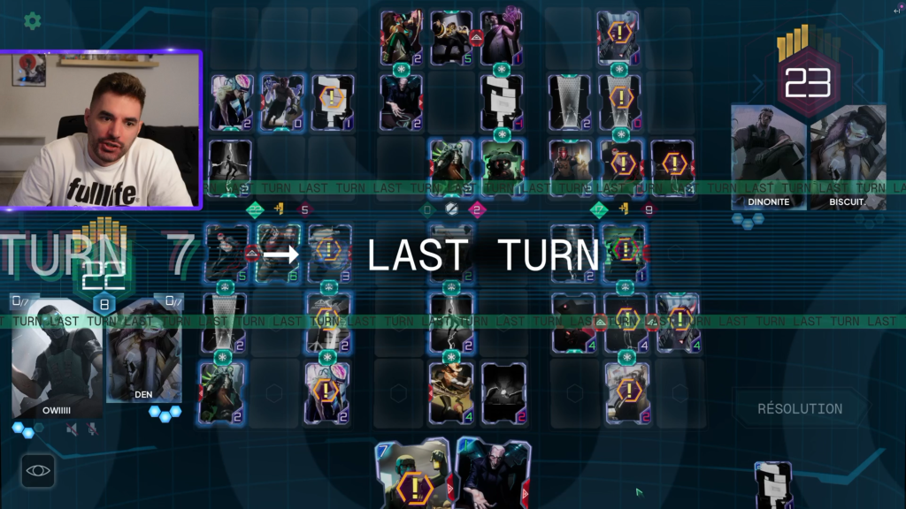 HYVE gameplay during a livestream, with a webcam inset and a last-turn announcement over the card battlefield.