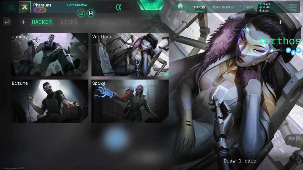 HYVE Hacker selection screen with Vorthos selected and Johnny, Bitume and Spike also shown.
