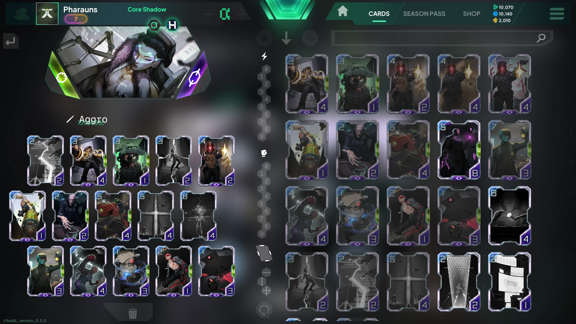 HYVE deck-building screen showing a selected Hacker, deck cards and the card collection.