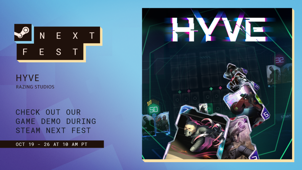 HYVE at Steam Next Fest, October 19–26: game artwork and demo announcement.